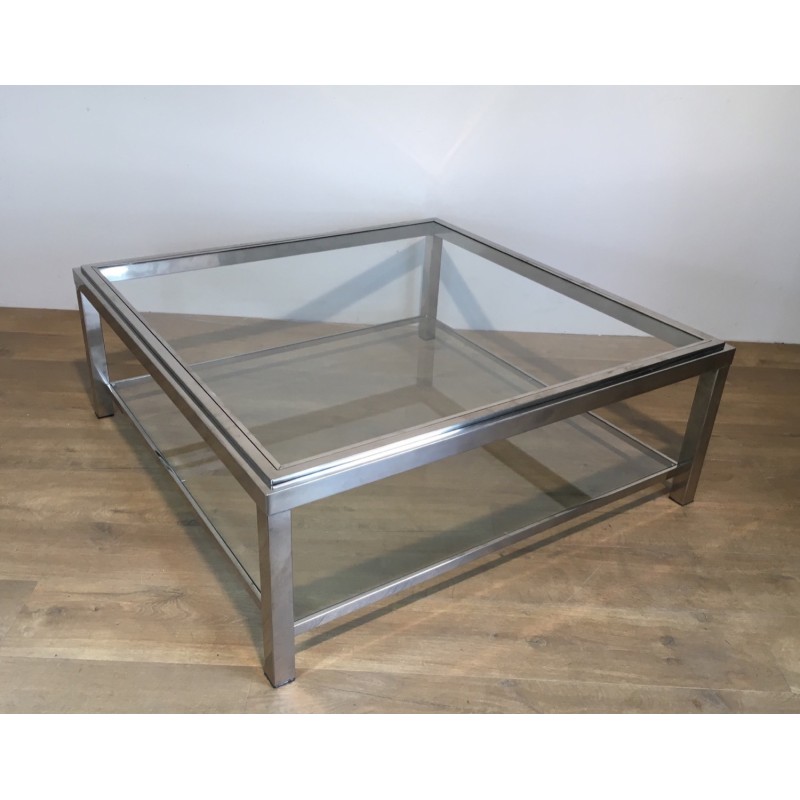 Grande Table Basse Carrée Chromée, Travail Français, Vers 1970