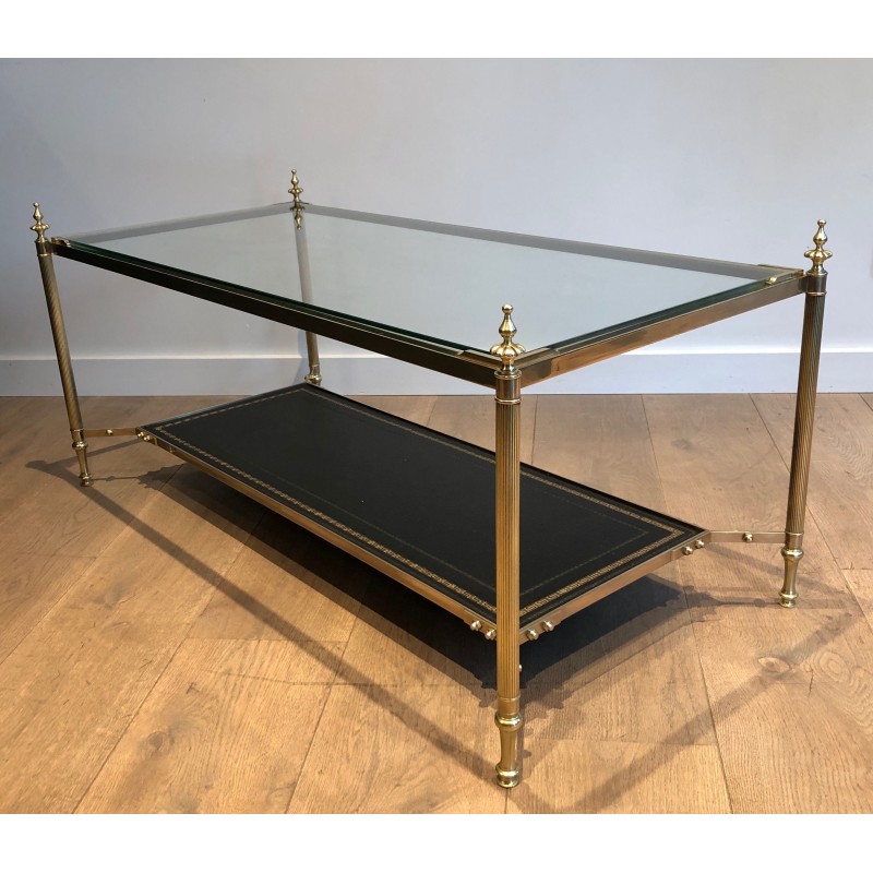 Table Basse Néoclassique en Laiton et Plateau en Cuir Noir à Bordure Dorée, Maison Jansen, Travail Français, Vers 1940