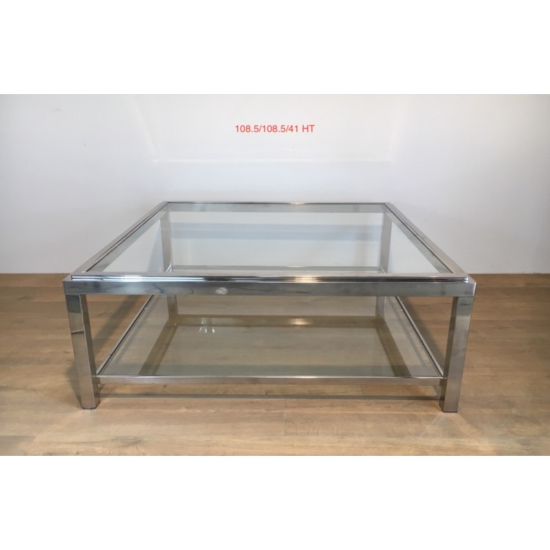 Grande Table Basse Carrée Chromée, Travail Français, Vers 1970