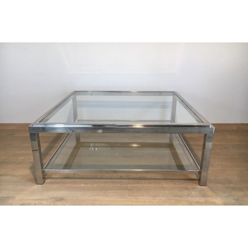 Grande Table Basse Carrée Chromée, Travail Français, Vers 1970