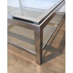 Grande Table Basse Carrée Chromée, Travail Français, Vers 1970