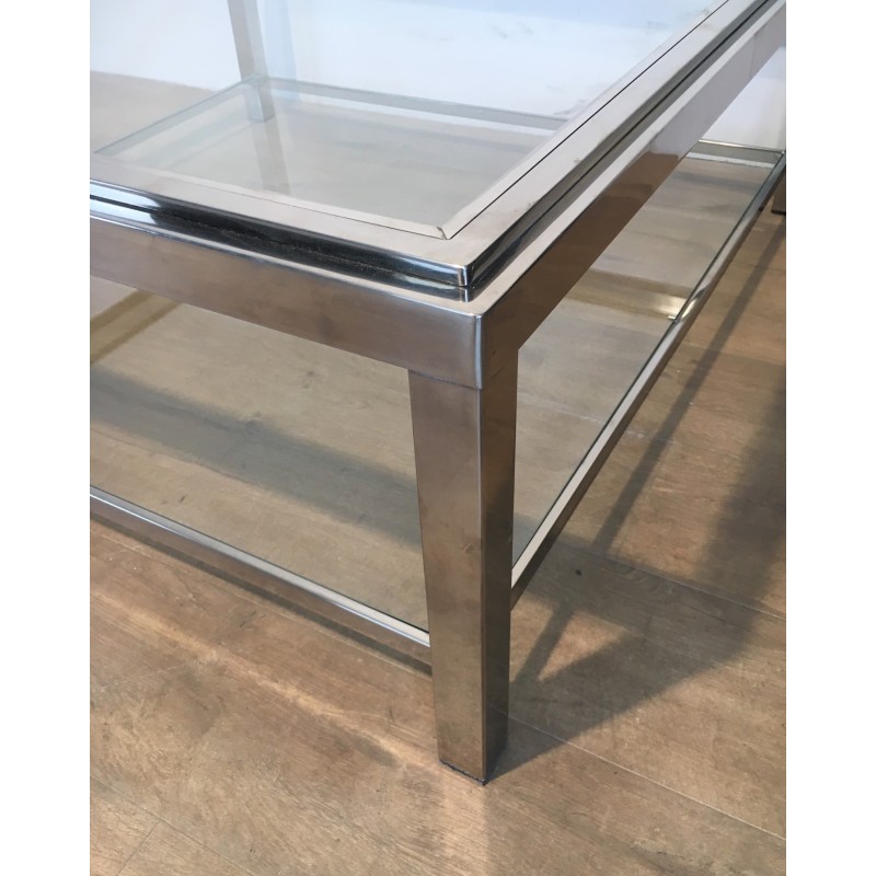 Grande Table Basse Carrée Chromée, Travail Français, Vers 1970