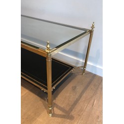Neoclassical Brass Coffee Table with Black Leather Shelf by Maison Jansen, French Work, Circa 1940