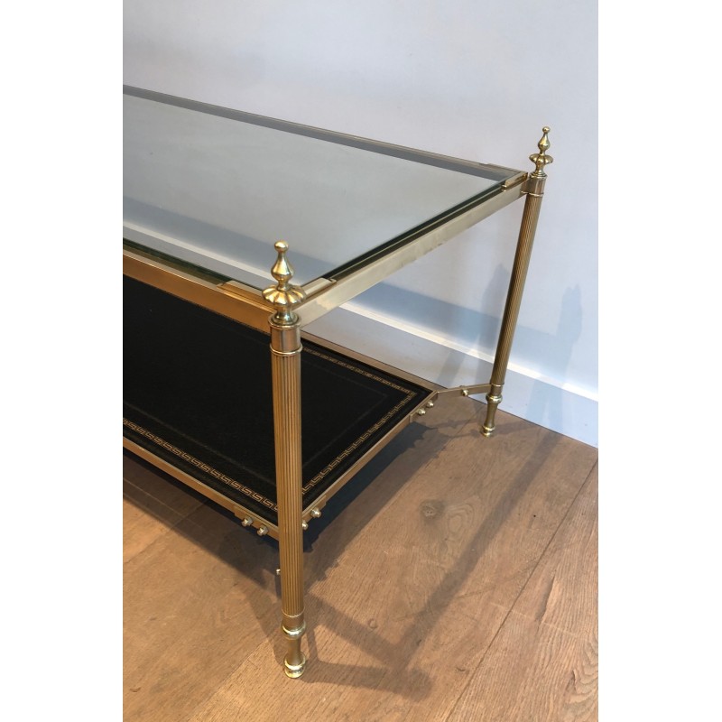 Table Basse Néoclassique en Laiton et Plateau en Cuir Noir à Bordure Dorée, Maison Jansen, Travail Français, Vers 1940