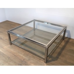 Grande Table Basse Carrée Chromée, Travail Français, Vers 1970