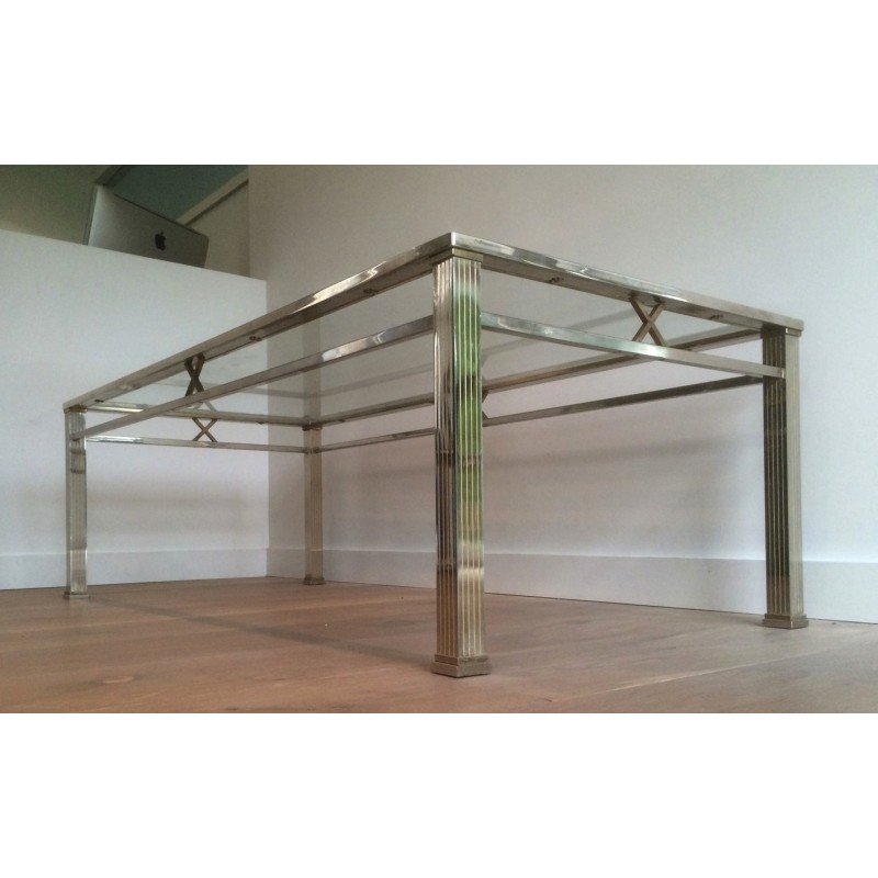 Table Basse de Style Néoclassique en Chrome et Laiton, Travail Italien, Vers 1970