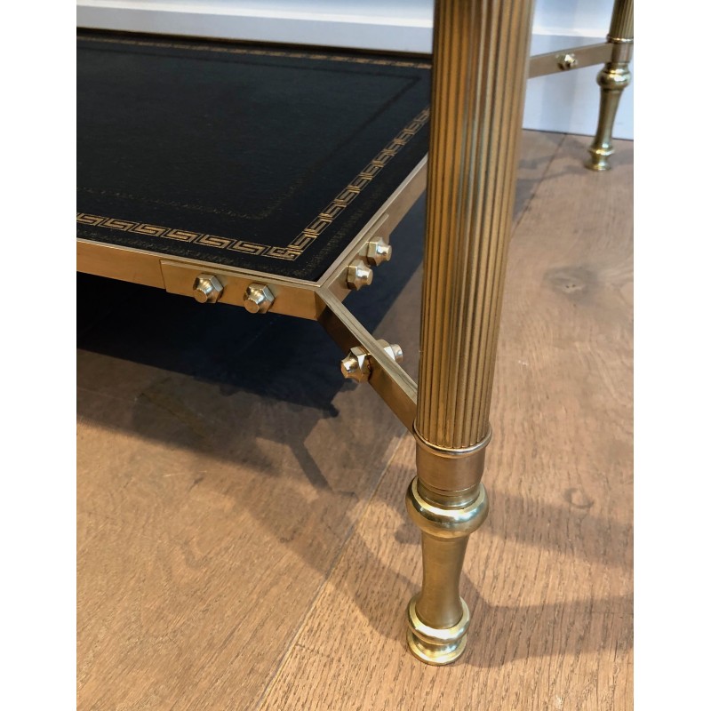 Neoclassical Brass Coffee Table with Black Leather Shelf by Maison Jansen, French Work, Circa 1940