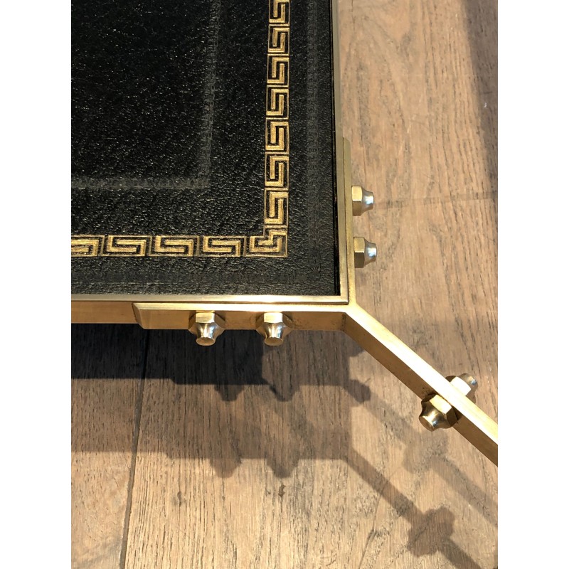 Neoclassical Brass Coffee Table with Black Leather Shelf by Maison Jansen, French Work, Circa 1940