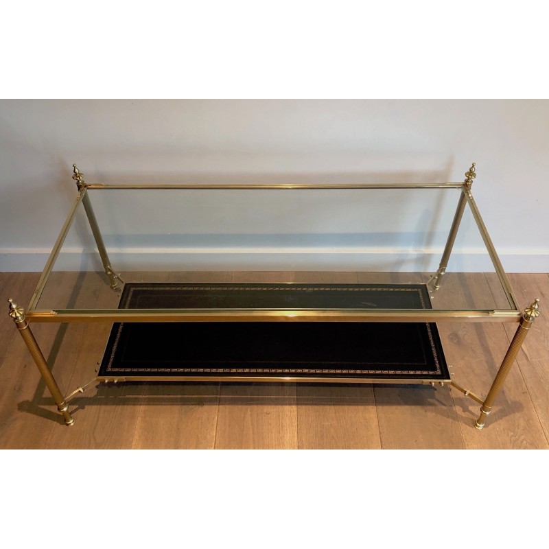 Neoclassical Brass Coffee Table with Black Leather Shelf by Maison Jansen, French Work, Circa 1940