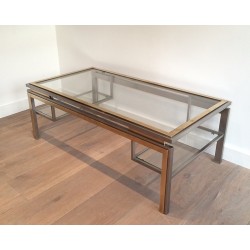 Brushed Steel and Brass Coffee Table by Guy Lefèvre for Maison Jansen, French Work, Circa 1970