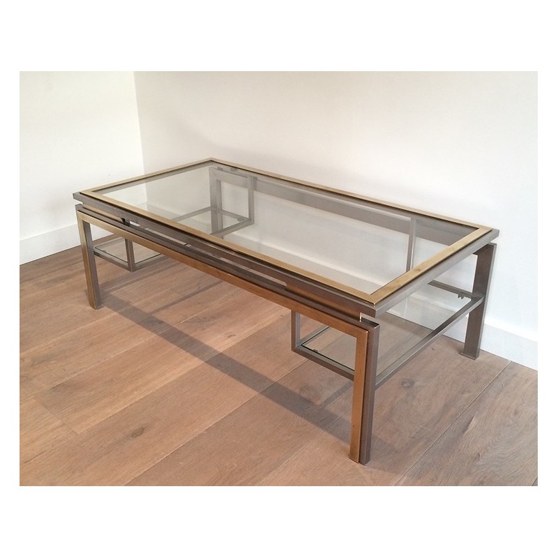 Brushed Steel and Brass Coffee Table by Guy Lefèvre for Maison Jansen, French Work, Circa 1970