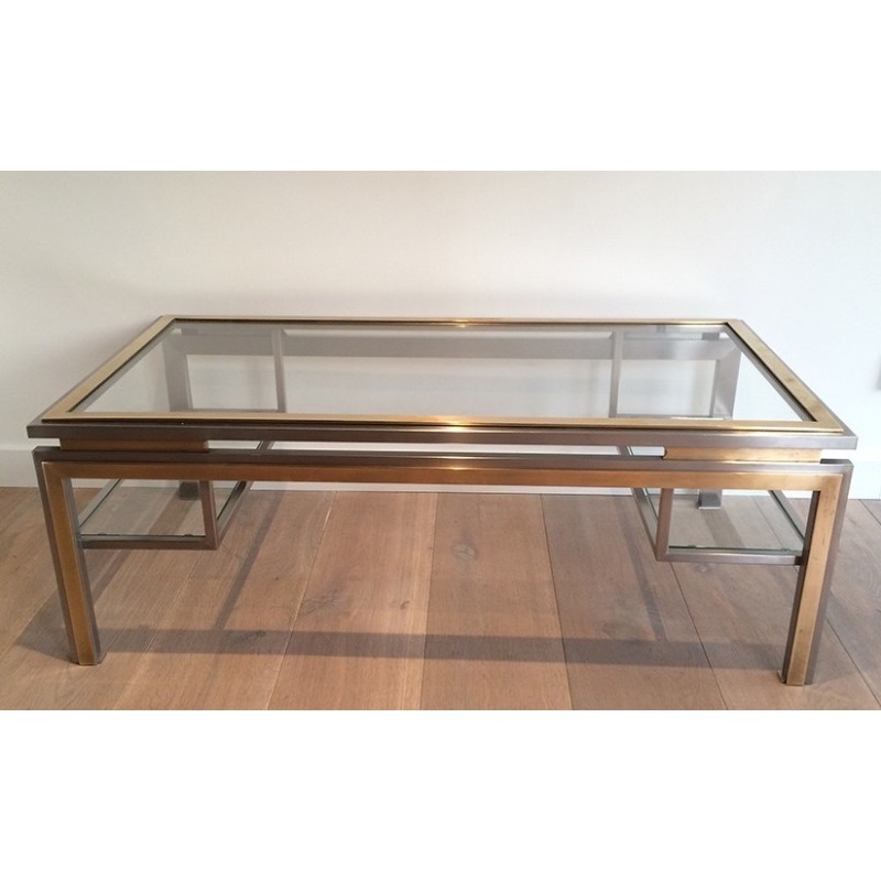 Table Basse en Acier Brossé et Laiton de Guy Lefèvre pour la Maison Jansen, Travail Français, Vers 1970