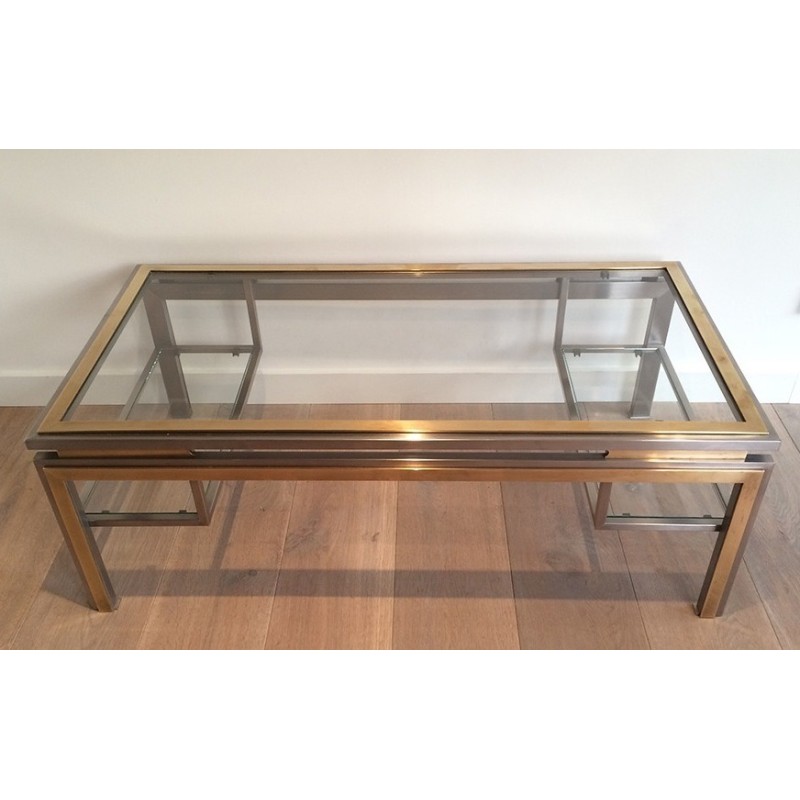 Table Basse en Acier Brossé et Laiton de Guy Lefèvre pour la Maison Jansen, Travail Français, Vers 1970