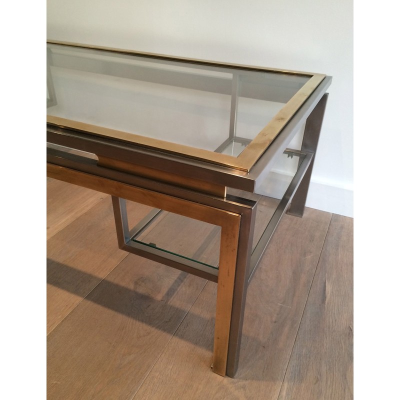 Brushed Steel and Brass Coffee Table by Guy Lefèvre for Maison Jansen, French Work, Circa 1970