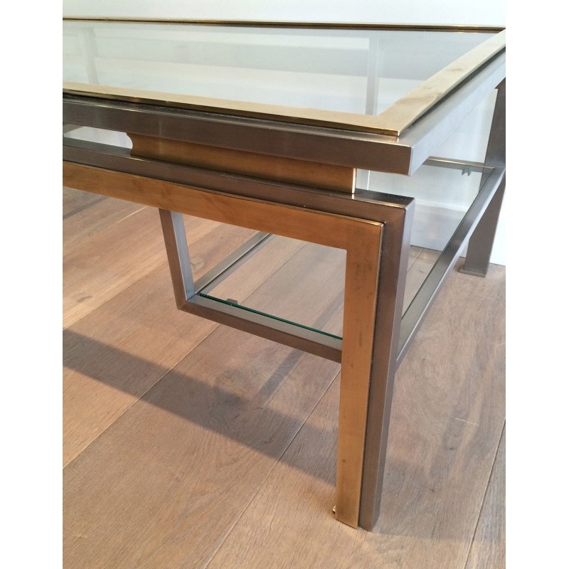 Table Basse en Acier Brossé et Laiton de Guy Lefèvre pour la Maison Jansen, Travail Français, Vers 1970