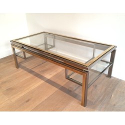 Table Basse en Acier Brossé et Laiton de Guy Lefèvre pour la Maison Jansen, Travail Français, Vers 1970