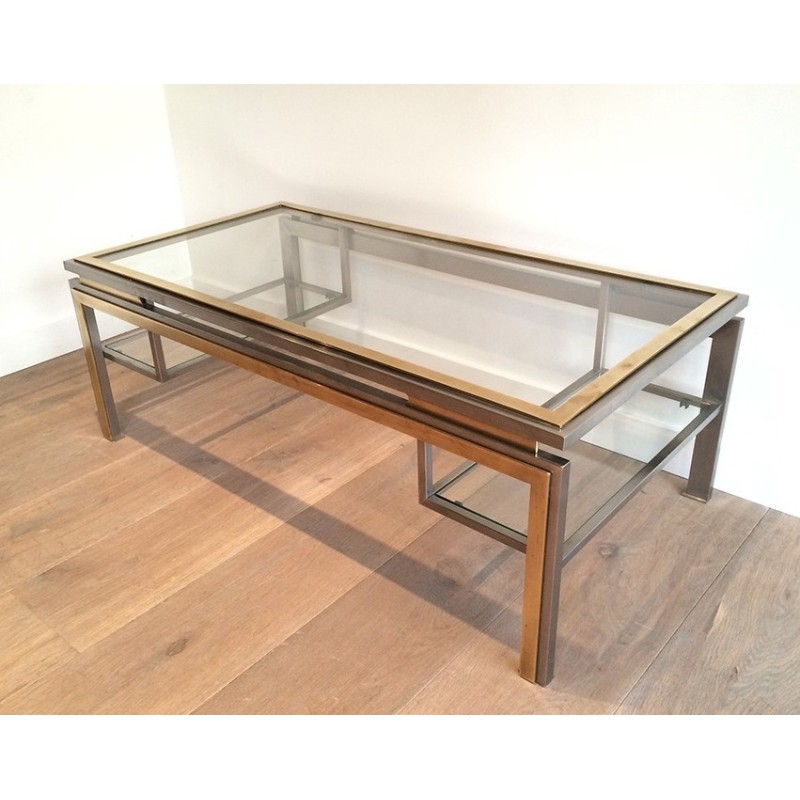 Table Basse en Acier Brossé et Laiton de Guy Lefèvre pour la Maison Jansen, Travail Français, Vers 1970