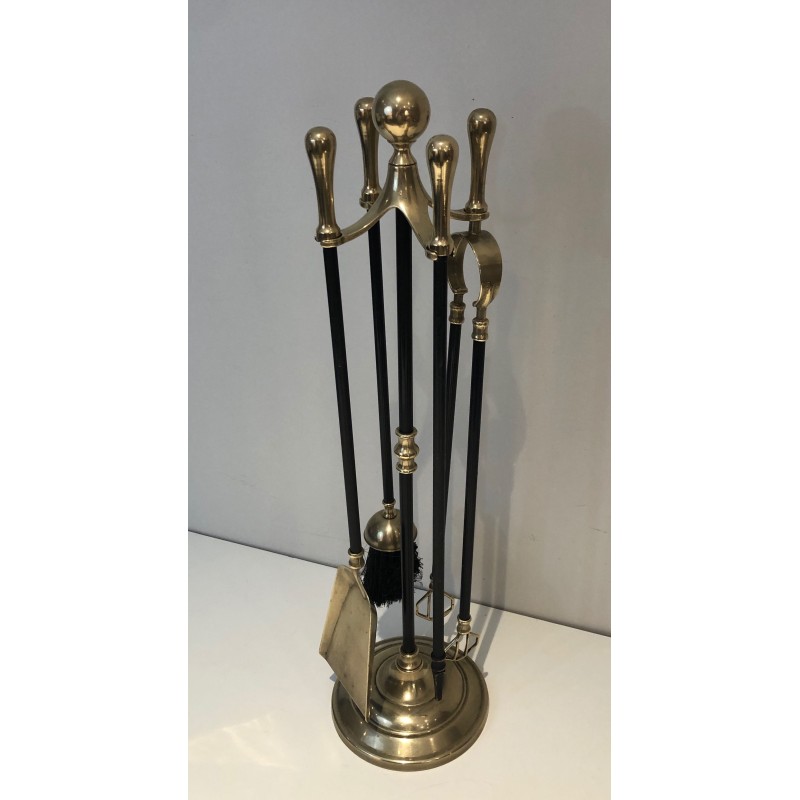 Neoclassical Style Brass and Black Lacquer Fireplace Tool Set, French Work, Circa 1970