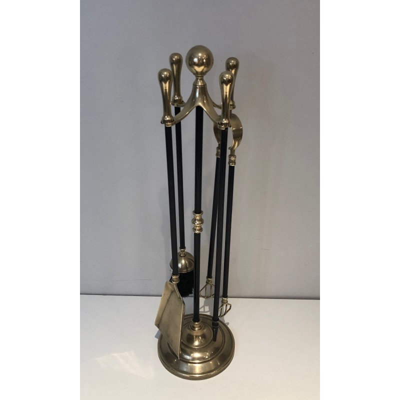 Neoclassical Style Brass and Black Lacquer Fireplace Tool Set, French Work, Circa 1970