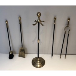 Neoclassical Style Brass and Black Lacquer Fireplace Tool Set, French Work, Circa 1970