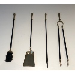 Neoclassical Style Brass and Black Lacquer Fireplace Tool Set, French Work, Circa 1970