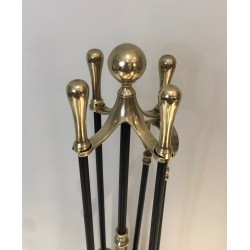 Neoclassical Style Brass and Black Lacquer Fireplace Tool Set, French Work, Circa 1970
