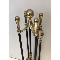 Nécessaire de Feu Néoclassique en Laiton et Laque Noire, Travail Français, Vers 1970