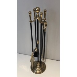 Nécessaire de Feu Néoclassique en Laiton et Laque Noire, Travail Français, Vers 1970
