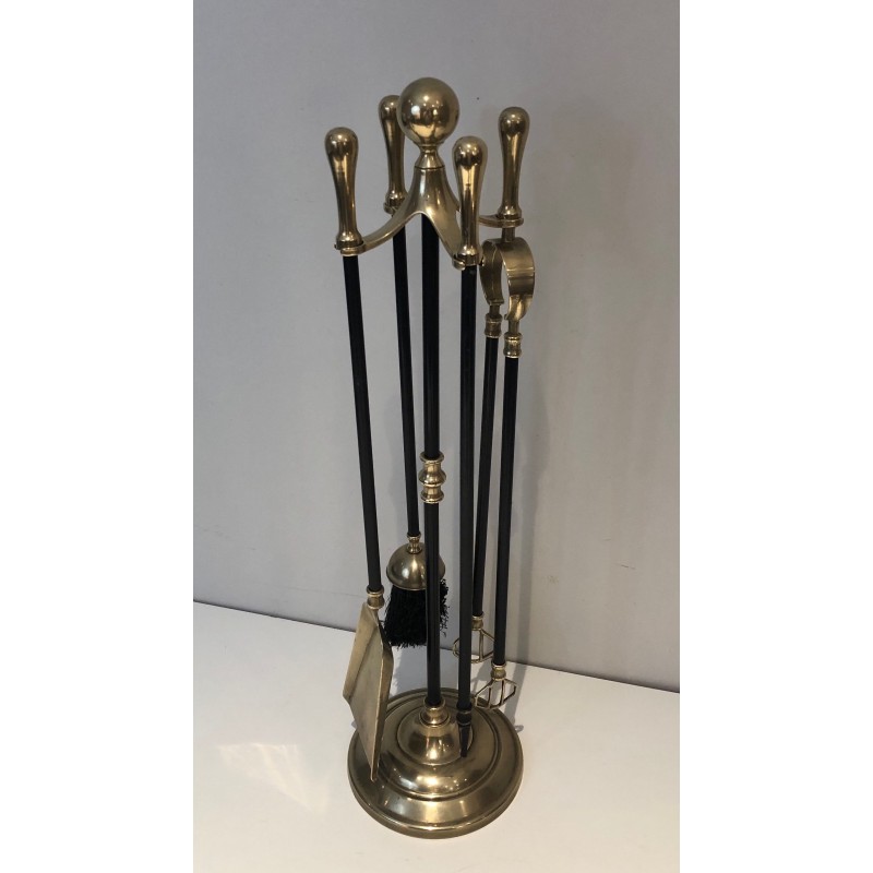 Neoclassical Style Brass and Black Lacquer Fireplace Tool Set, French Work, Circa 1970