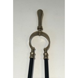 Neoclassical Style Brass and Black Lacquer Fireplace Tool Set, French Work, Circa 1970