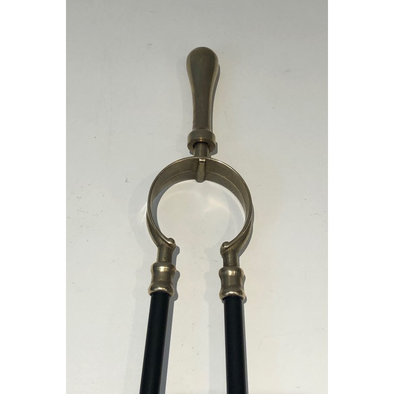 Neoclassical Style Brass and Black Lacquer Fireplace Tool Set, French Work, Circa 1970