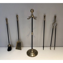 Nécessaire de Feu Néoclassique en Laiton et Laque Noire, Travail Français, Vers 1970
