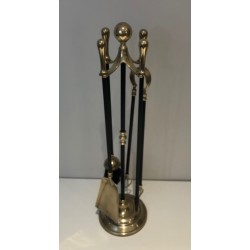 Nécessaire de Feu Néoclassique en Laiton et Laque Noire, Travail Français, Vers 1970