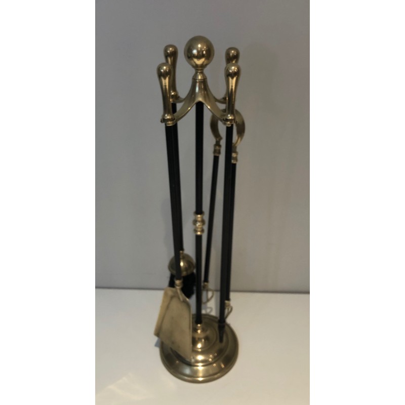 Neoclassical Style Brass and Black Lacquer Fireplace Tool Set, French Work, Circa 1970