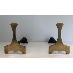 Paire de Chenets Modernistes en Laiton, Travail Français, Vers 1970