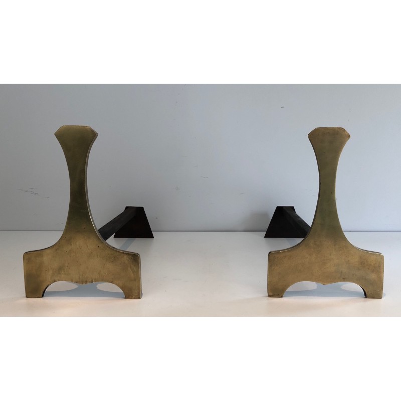 Pair of Modernist Brass Andirons, French Work, Circa 1970