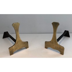 Paire de Chenets Modernistes en Laiton, Travail Français, Vers 1970