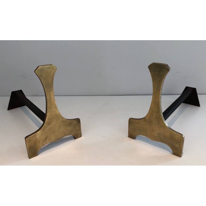 Paire de Chenets Modernistes en Laiton, Travail Français, Vers 1970