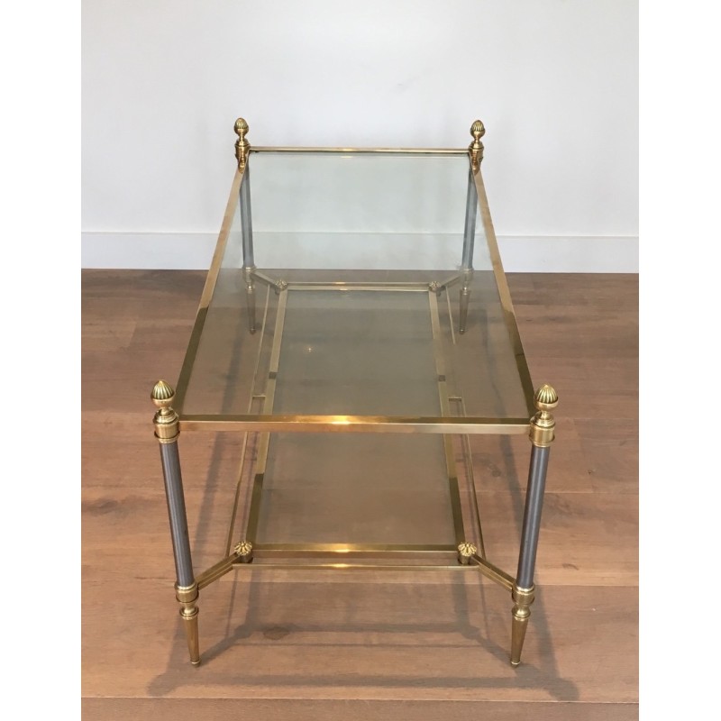 Table Basse Néoclassique en Acier Brossé et Laiton de la Maison Jansen, Travail Français, Vers 1940