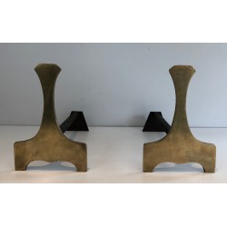 Pair of Modernist Brass Andirons, French Work, Circa 1970