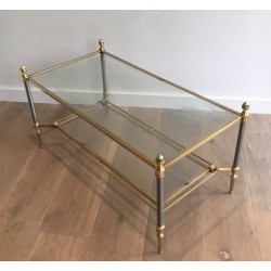 Table Basse Néoclassique en Acier Brossé et Laiton de la Maison Jansen, Travail Français, Vers 1940