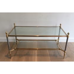 Neoclassical Brushed Steel and Brass Coffee Table by Maison Jansen, French Work, Circa 1940