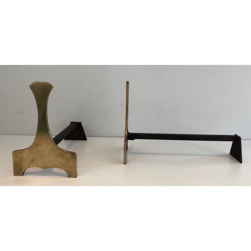 Pair of Modernist Brass Andirons, French Work, Circa 1970