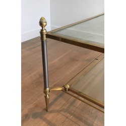 Neoclassical Brushed Steel and Brass Coffee Table by Maison Jansen, French Work, Circa 1940