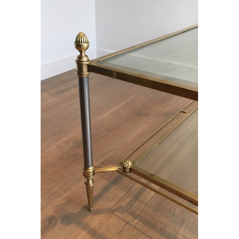 Neoclassical Brushed Steel and Brass Coffee Table by Maison Jansen, French Work, Circa 1940