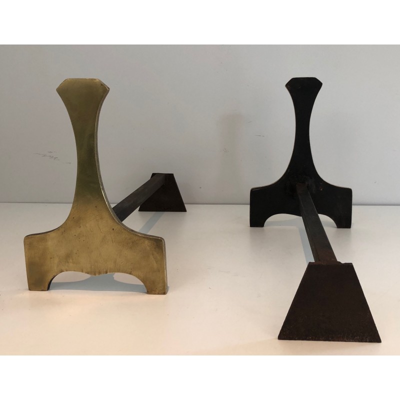 Pair of Modernist Brass Andirons, French Work, Circa 1970