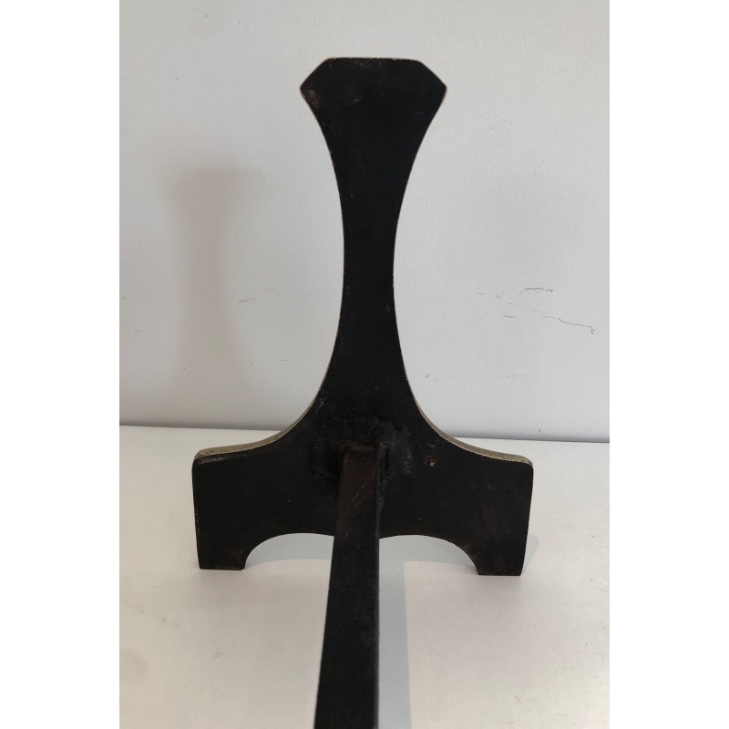 Pair of Modernist Brass Andirons, French Work, Circa 1970