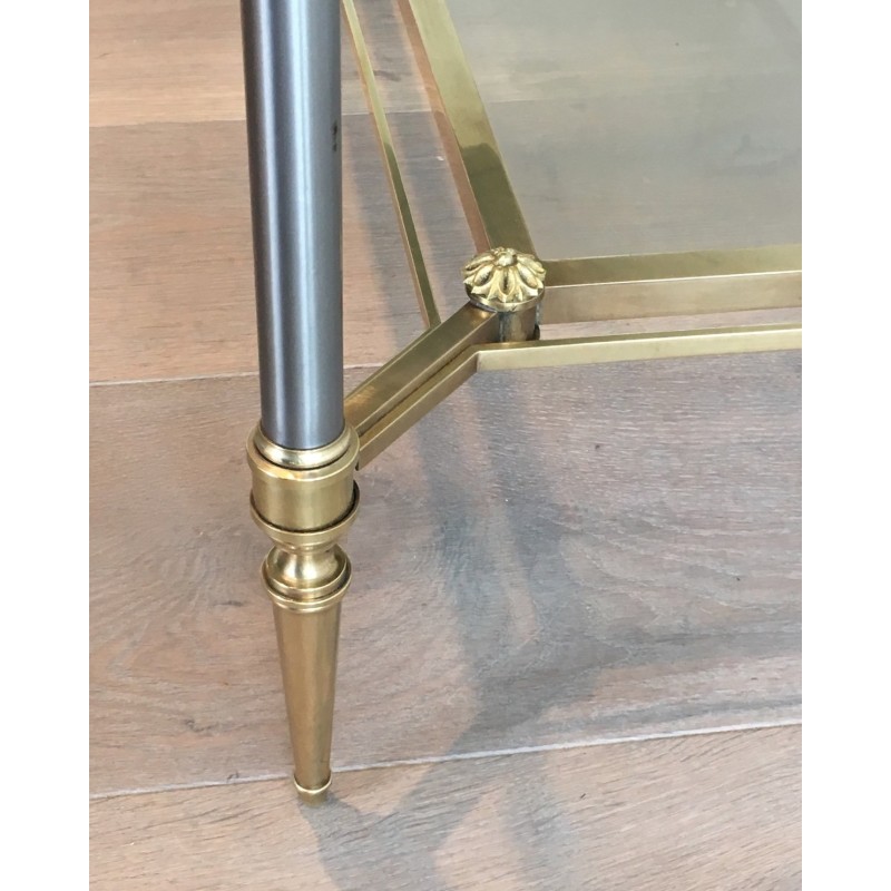 Table Basse Néoclassique en Acier Brossé et Laiton de la Maison Jansen, Travail Français, Vers 1940
