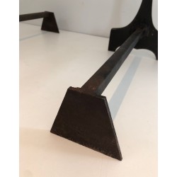 Paire de Chenets Modernistes en Laiton, Travail Français, Vers 1970