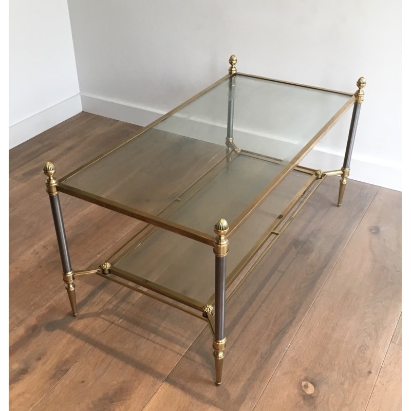 Neoclassical Brushed Steel and Brass Coffee Table by Maison Jansen, French Work, Circa 1940